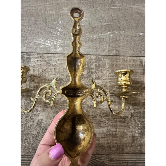 Vintage Solid Brass Double Arm Wall Sconce Candle Holders Ornate Design Set Of 2 - Picture 6 of 12